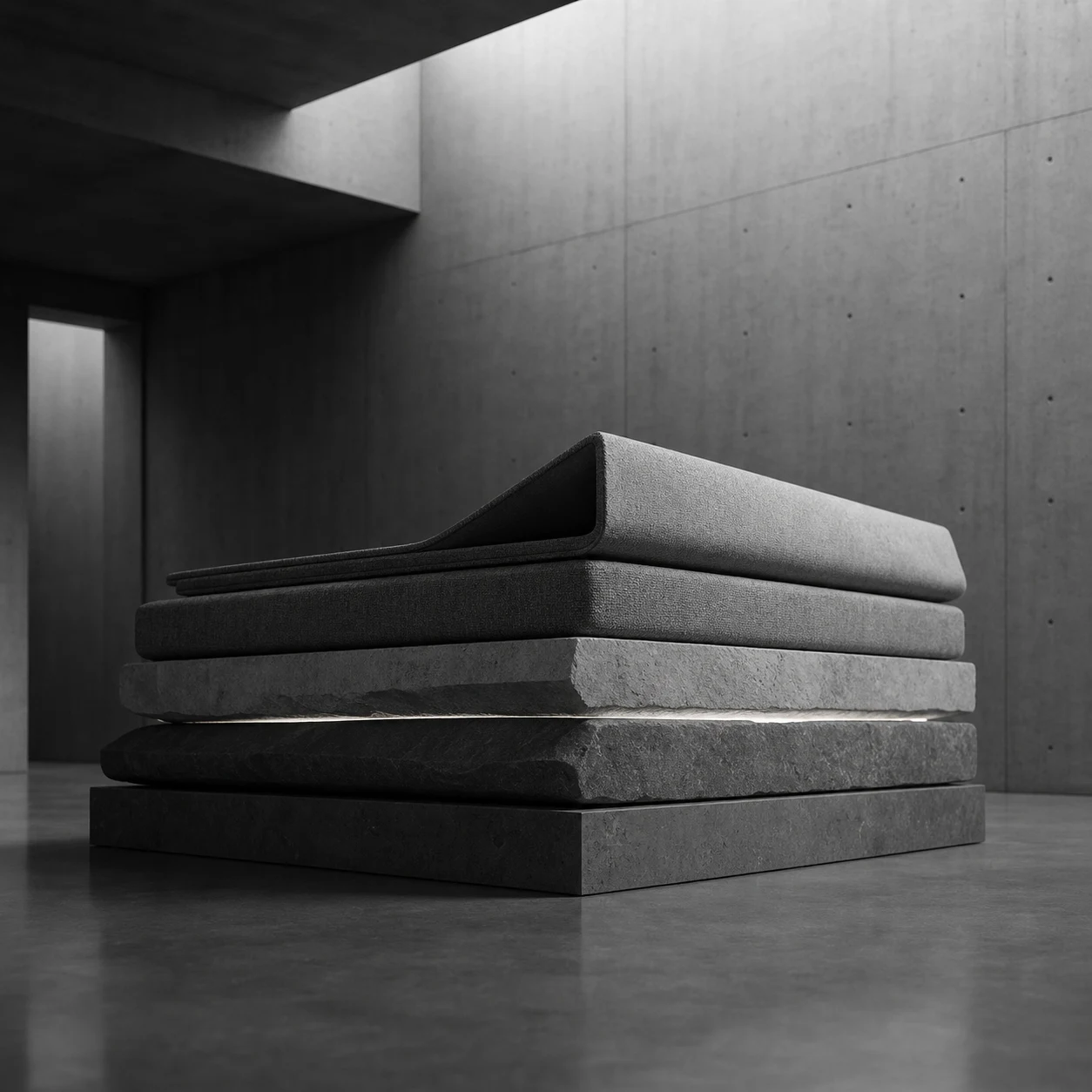 Layered textile and stone sculpture representing Paradise Supply Co